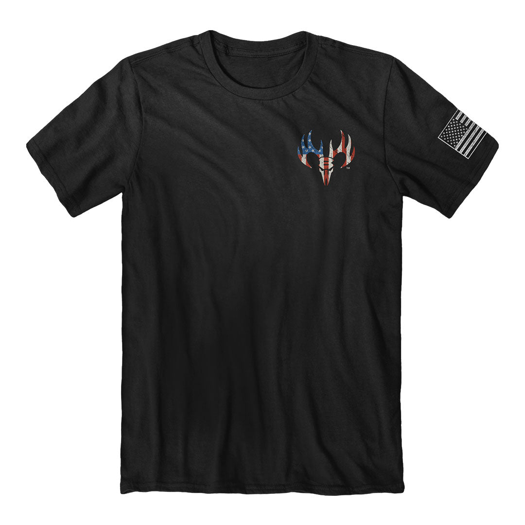 Front of the buck wear americas heroes tee. Patriotic shirt.