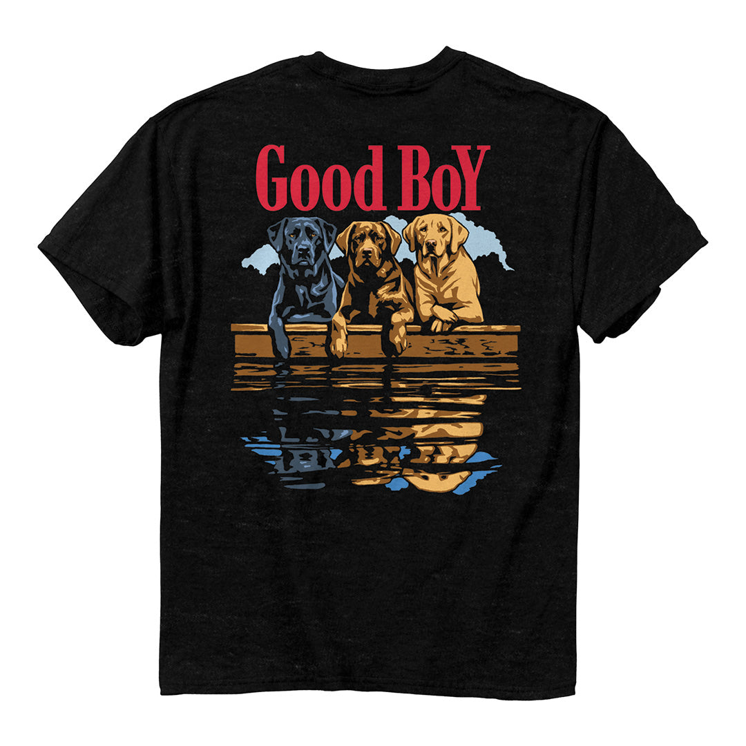 Back side print of good boy dock dogs tee