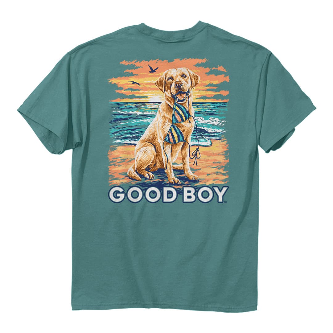 Back of the good boy lab bikini beach tee