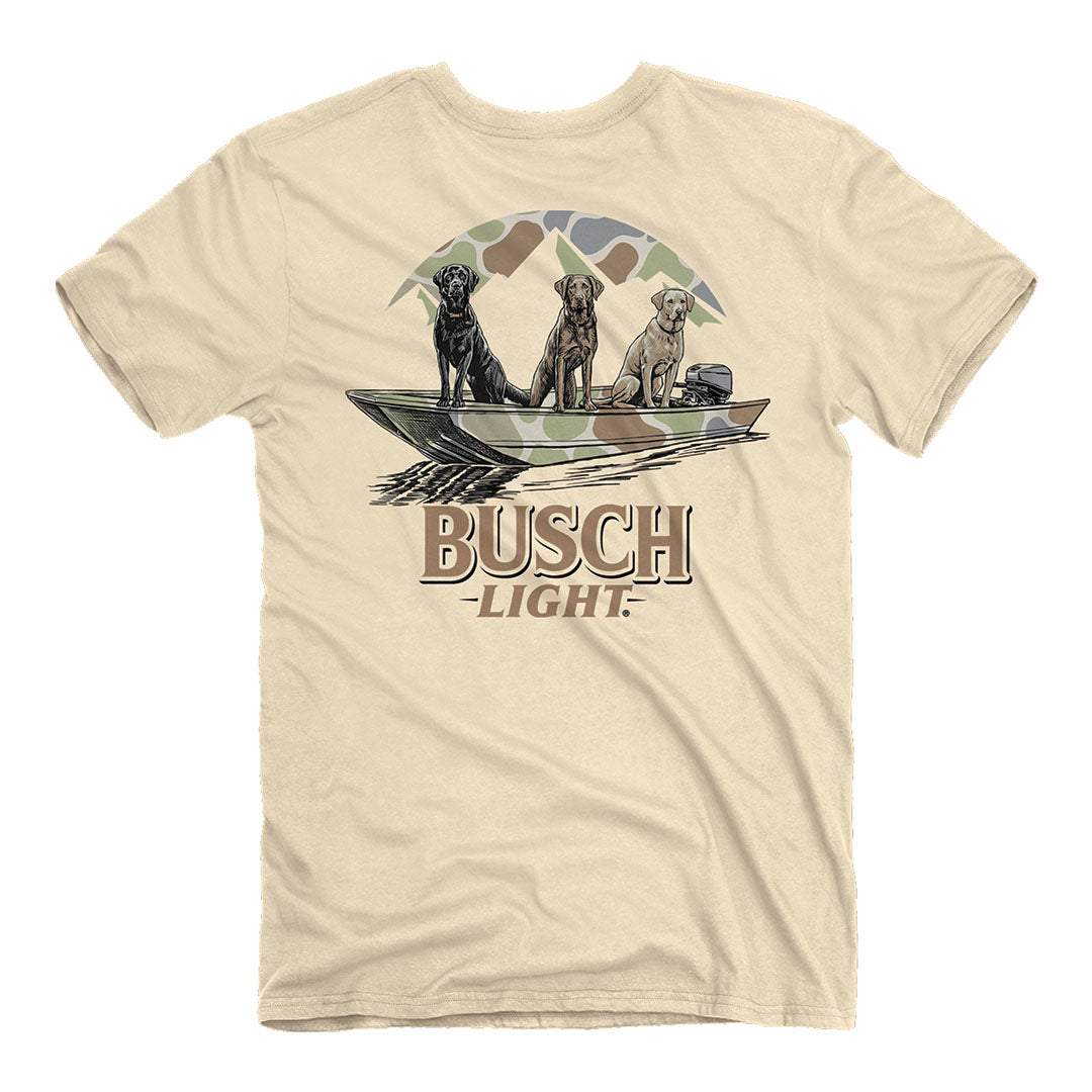 Back of the busch light boat dogs tee