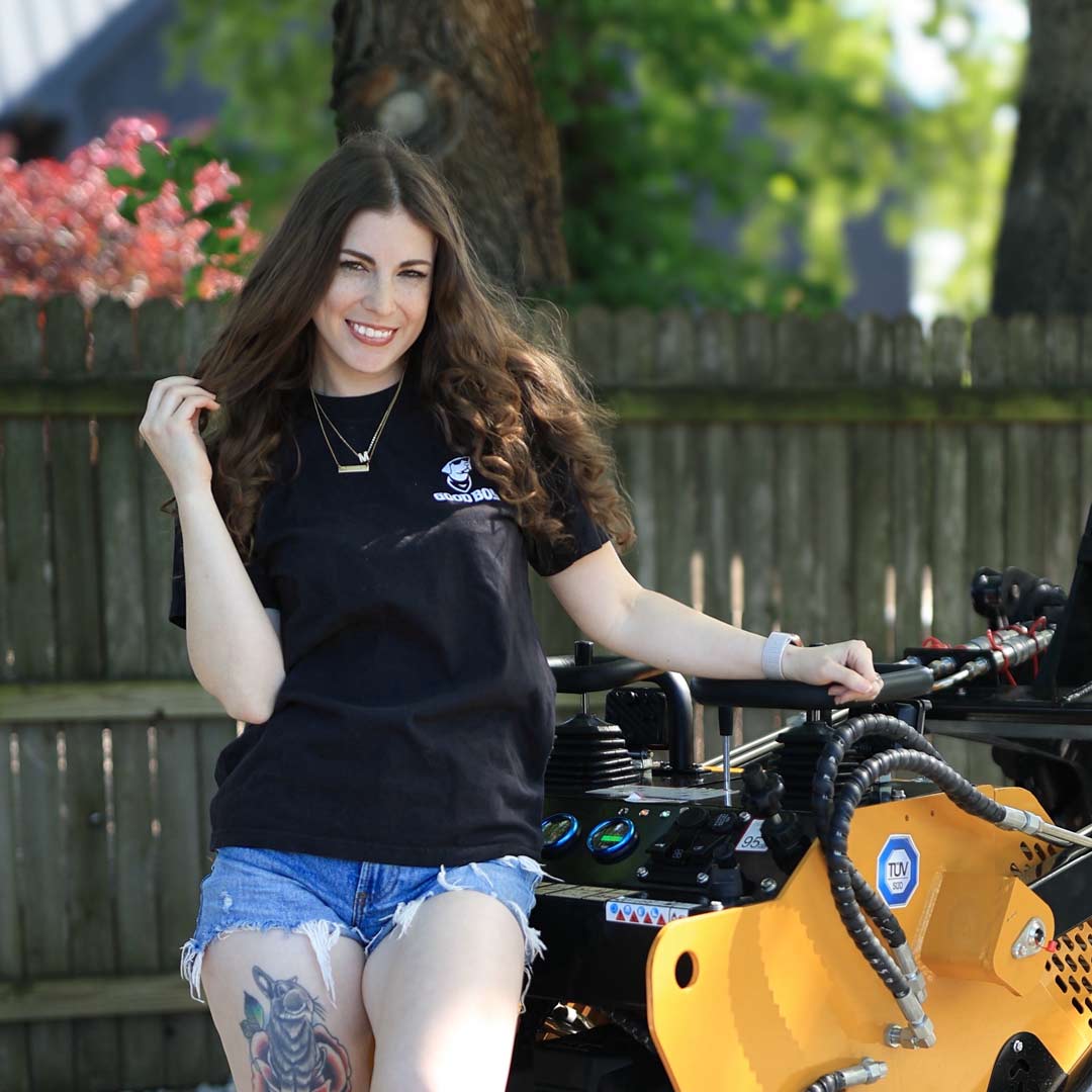 front of the good boy white tail tee on female