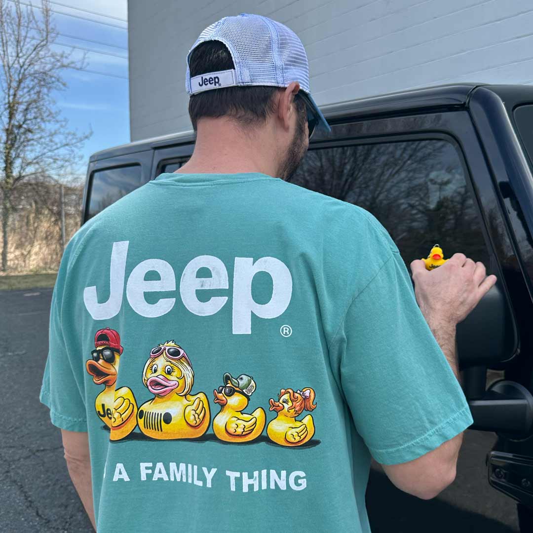 back of jeep hat and t-shirt with ducks on it on a male model