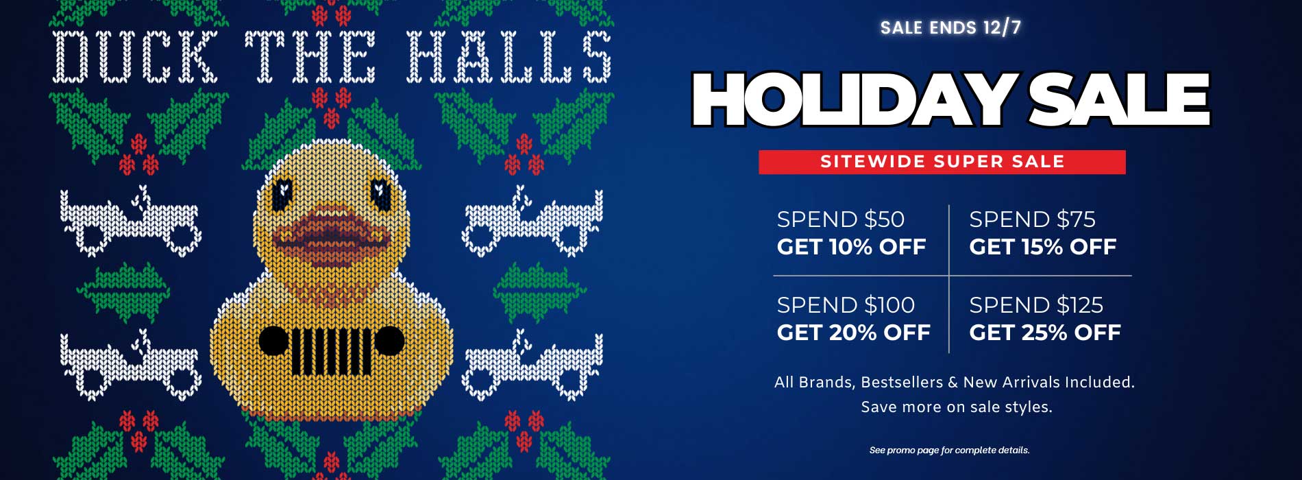 Ugly sweater with duck design and holiday sale text on a blue background