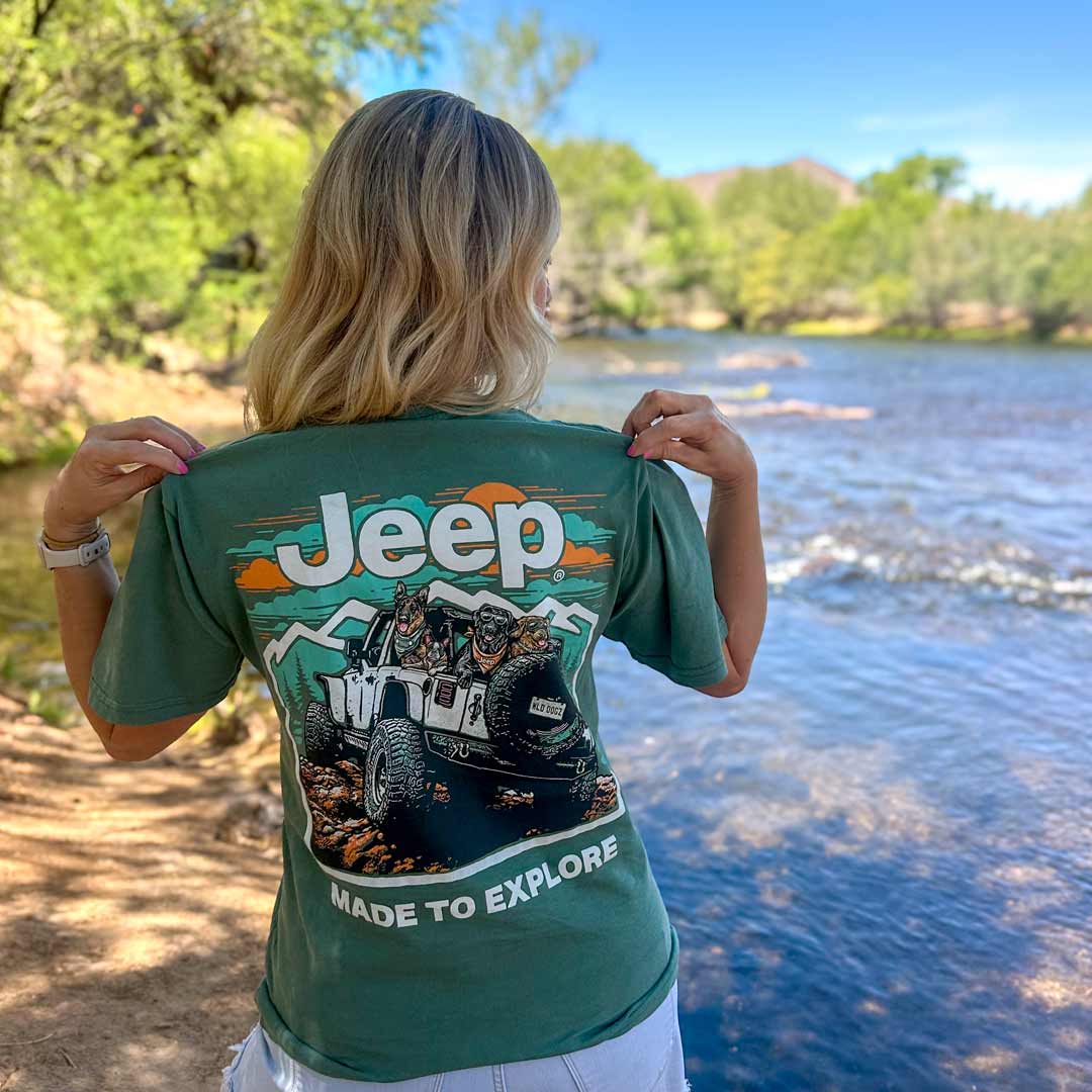 woman wearing jeep off road trip t-shirt showing the back design