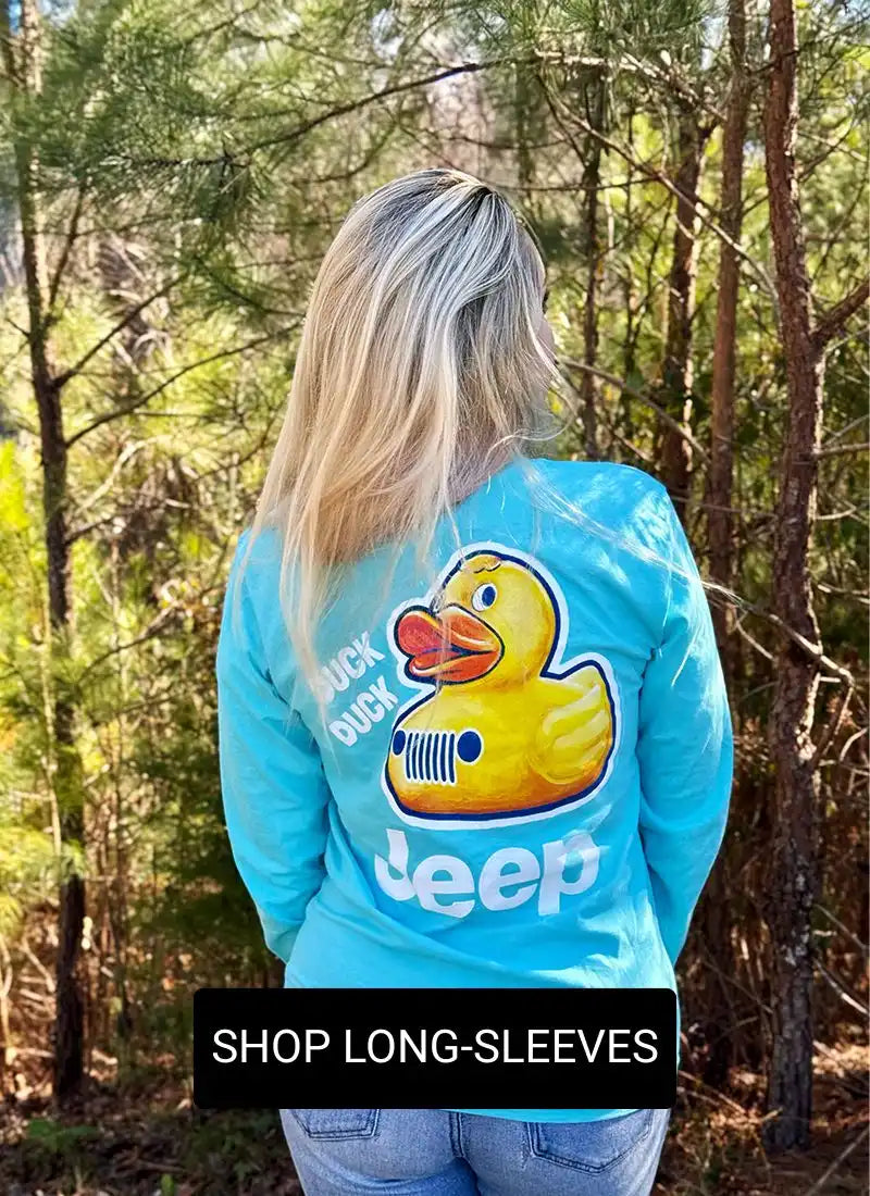 Woman wearing jeep long sleeve shirt