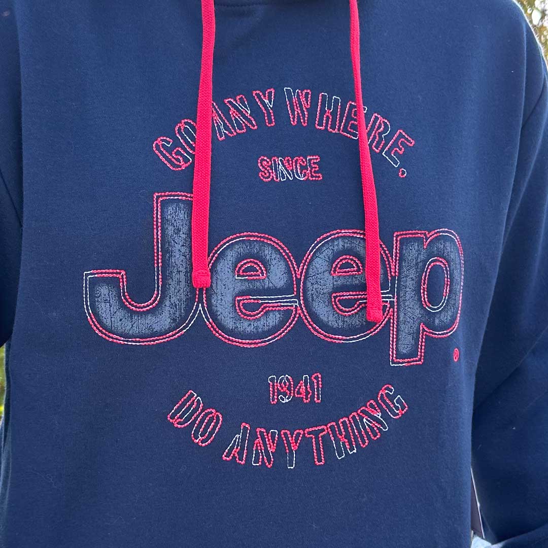 jedco jeep go anywhere hoodie embroidery close up