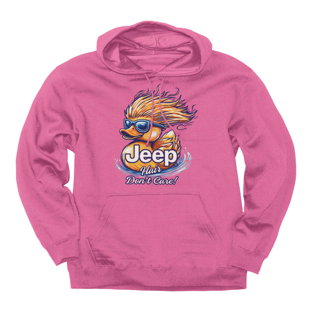 A pink pullover hoodie featuring a graphic print of a duck wearing sunglasses and windblown hair, with the text 'Jeep Hair Don't Care!' on the front.