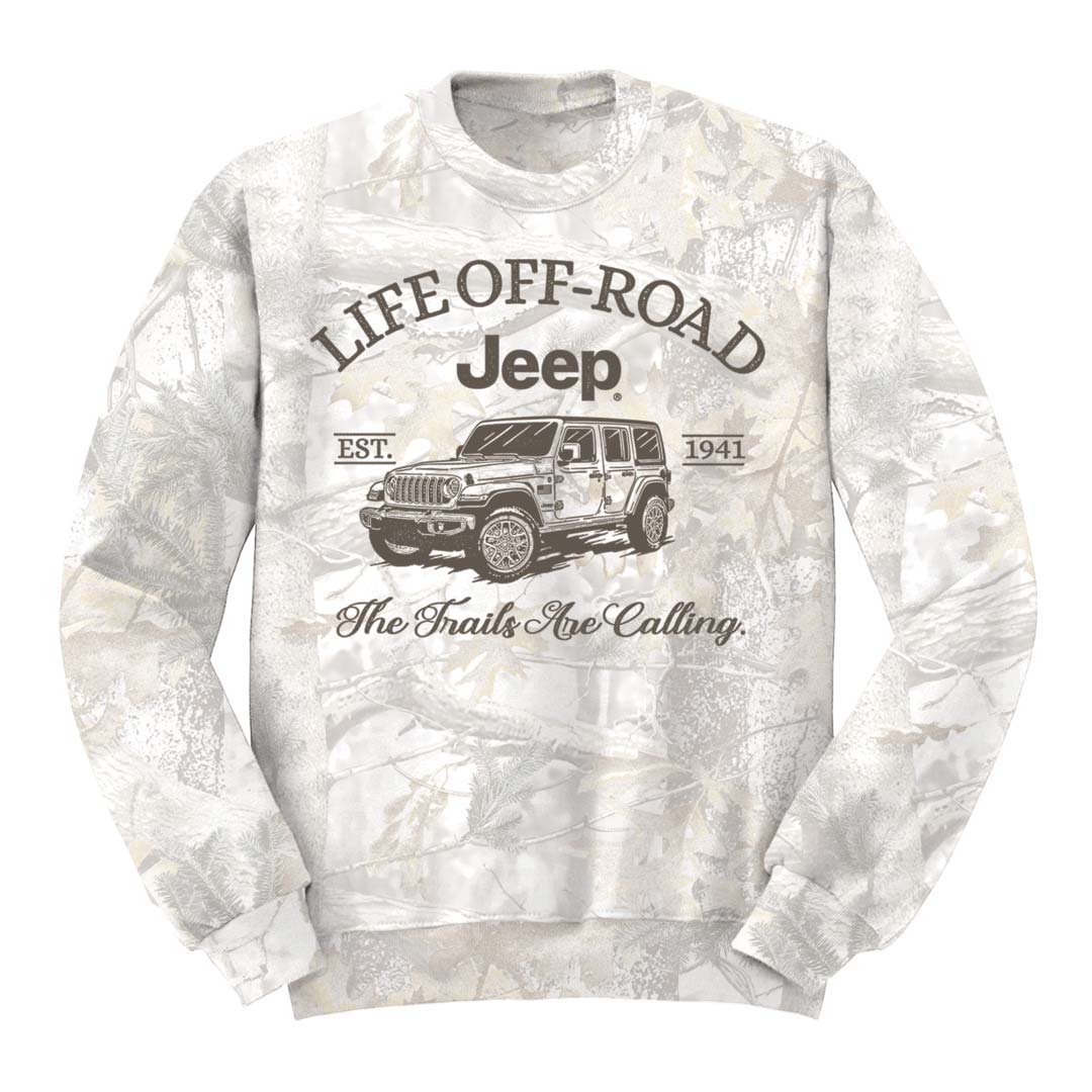 white Jeep Trails are Calling camo crew sweatshirt