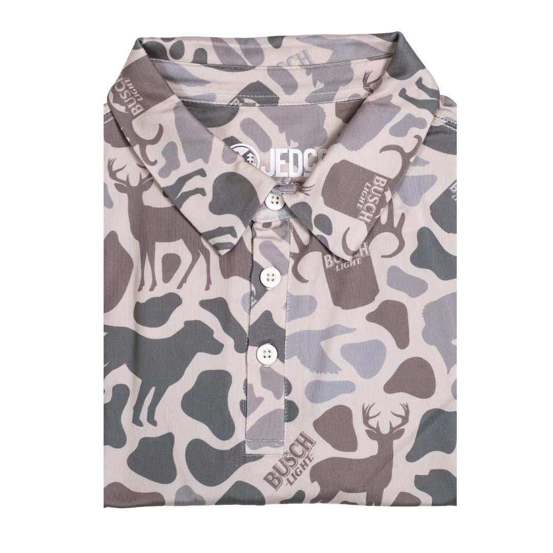 Front of the Busch Light - Camo Outdoors Polo
