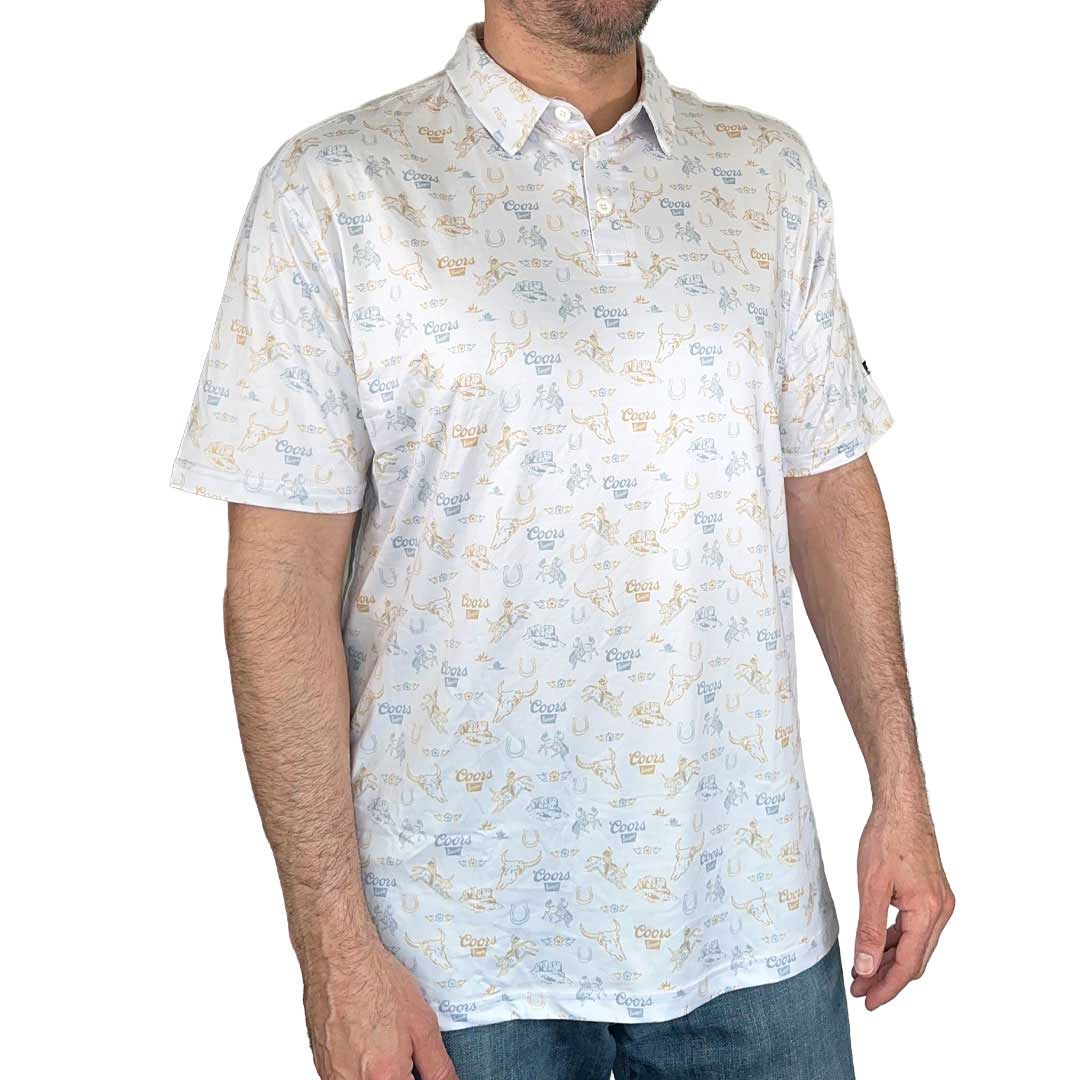 Male model wearing Coors white polo with logo and western repeat pattern.