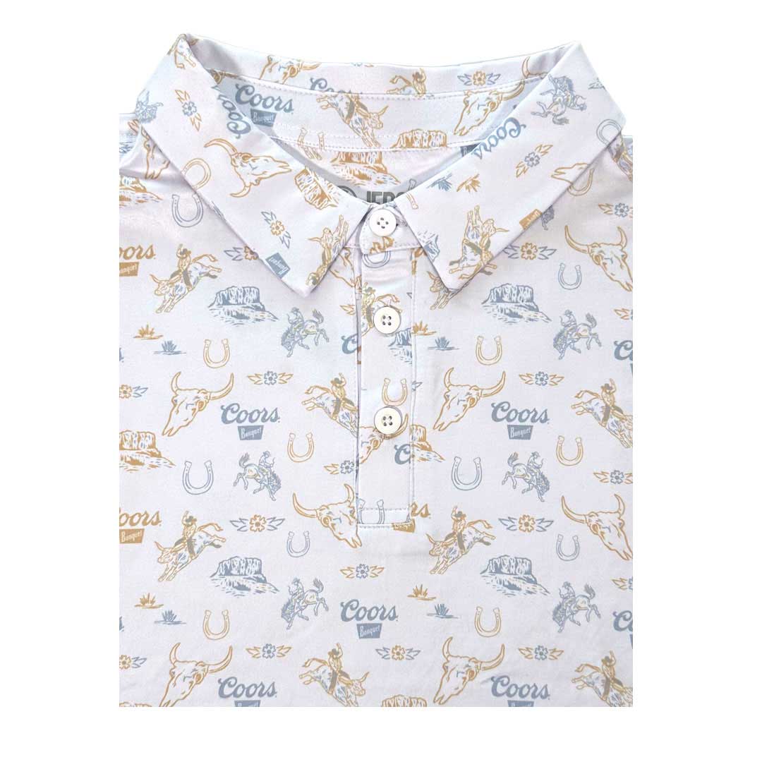 Coors white polo with logo and western repeat pattern.