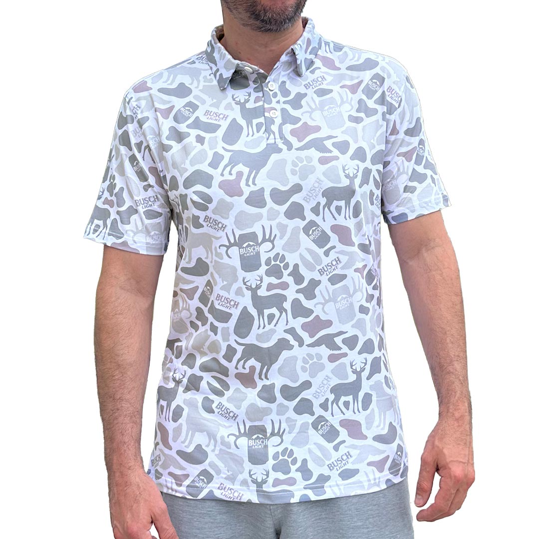 Man wearing Busch Light custom white camo repeat polo.