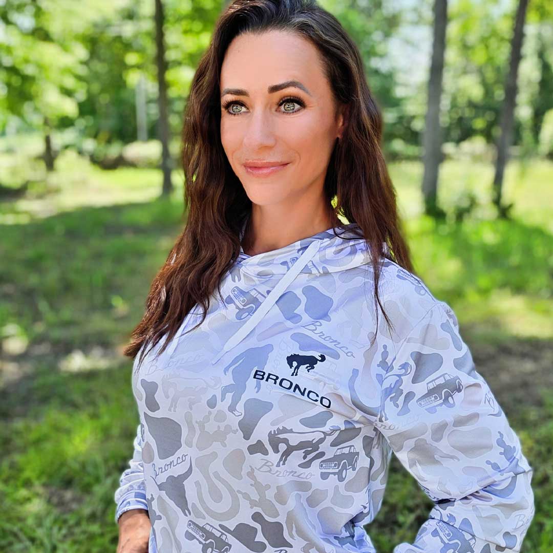Person wearing a custom Ford Bronco Performance hoodie with 'Bronco' branding on a white background