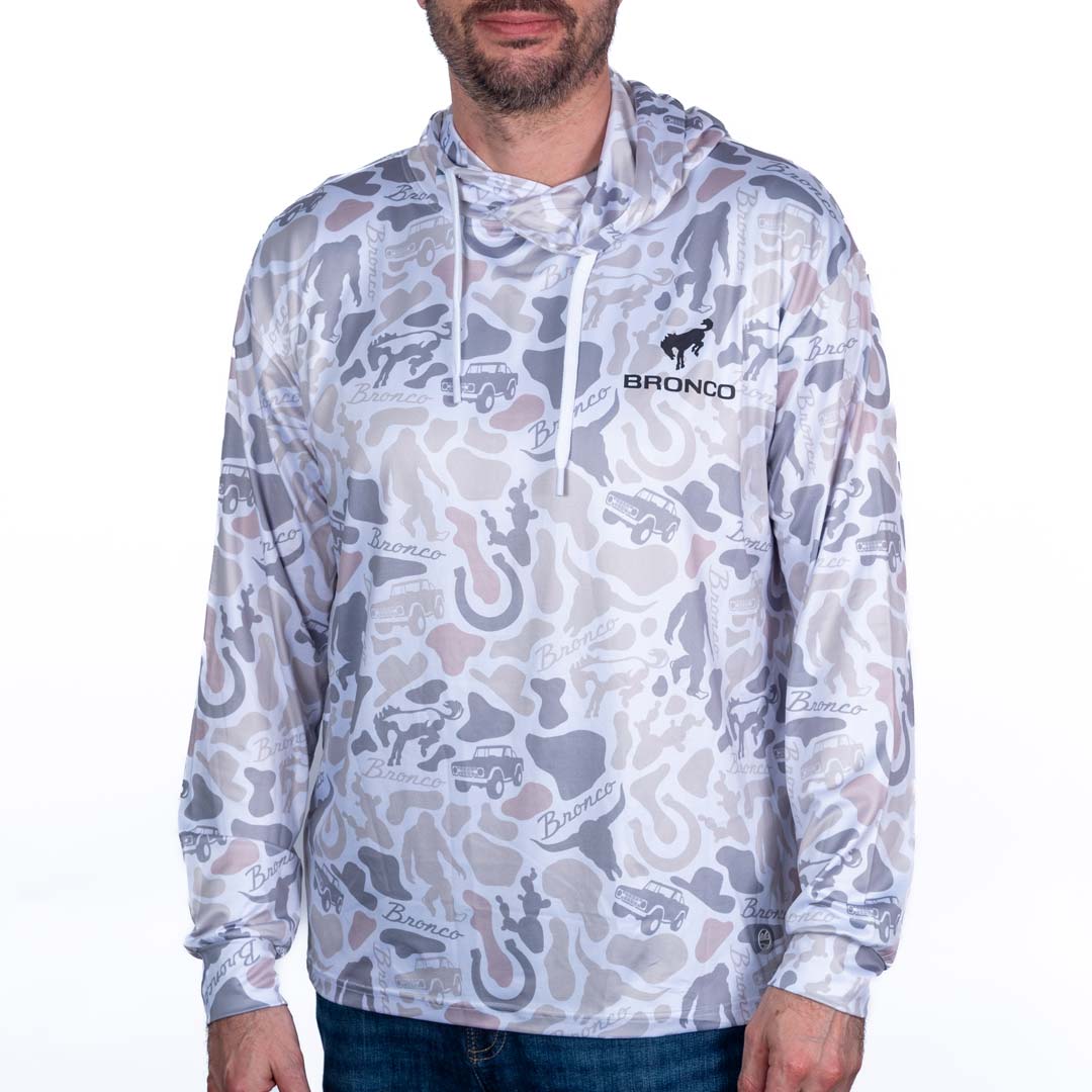 Person wearing a custom Ford Bronco Performance hoodie with 'Bronco' branding on a white background