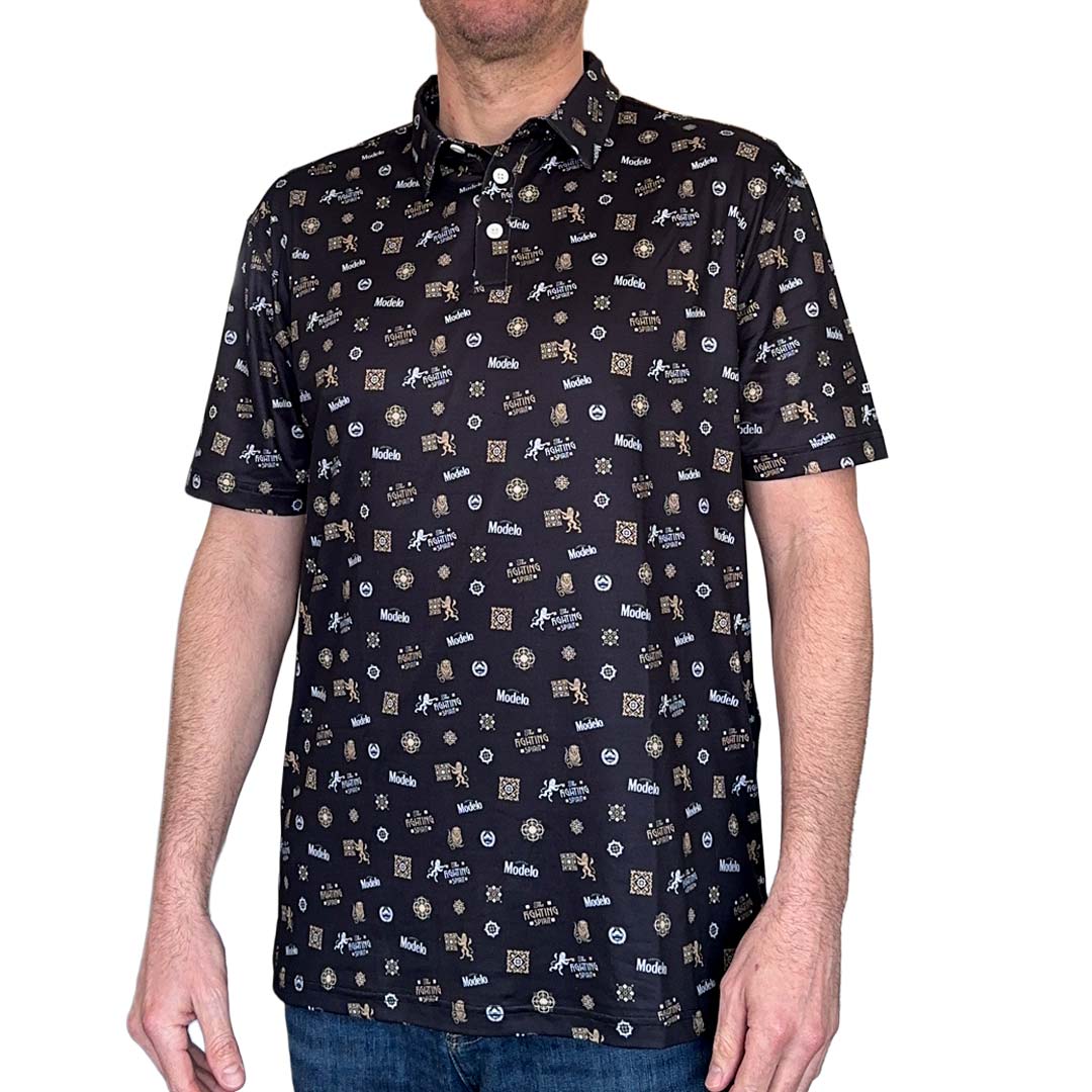 Man wearing a black Modelo Fighting-Spirit repeat polo on a white background
