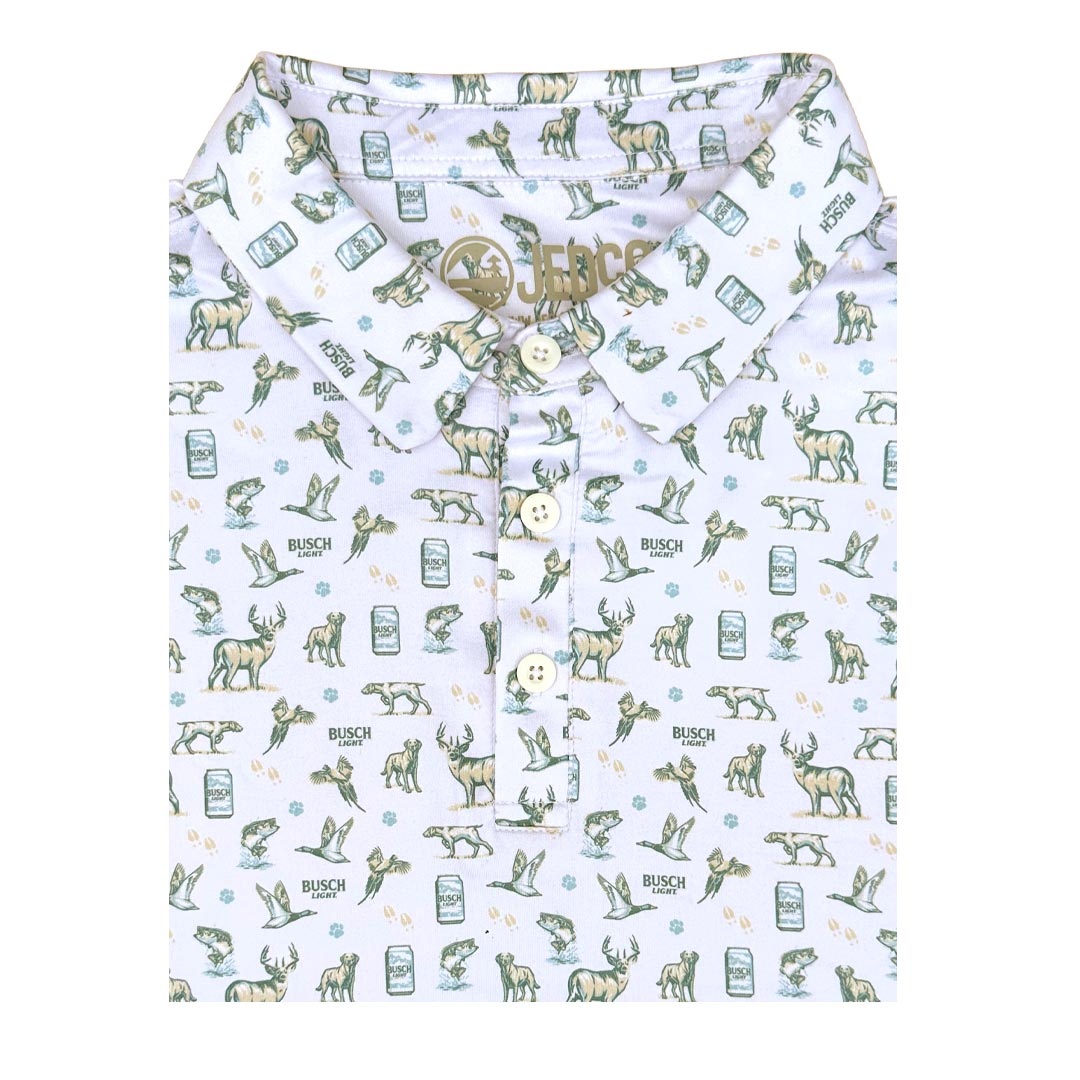 Busch Light Polo with repeat pattern. Deer, dog, duck, and beer can.