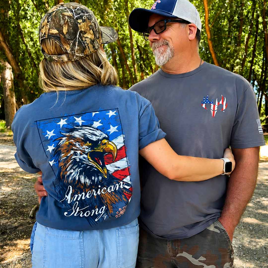 Woman wearing Buck Wear America Strong T-Shirt