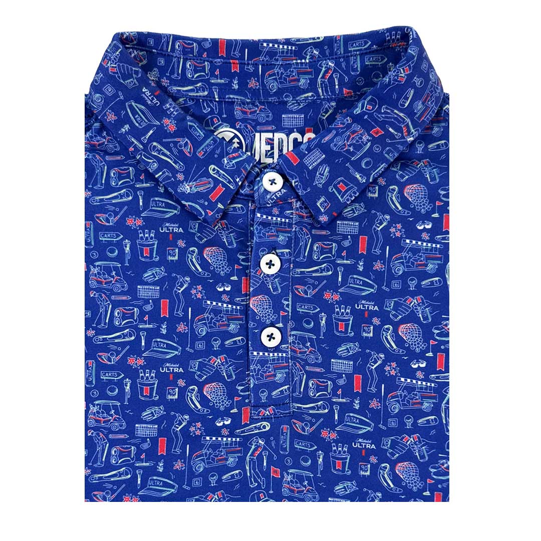 Blue Michelob Ultra Golf Life Polo featuring a golf-themed repeat pattern.
