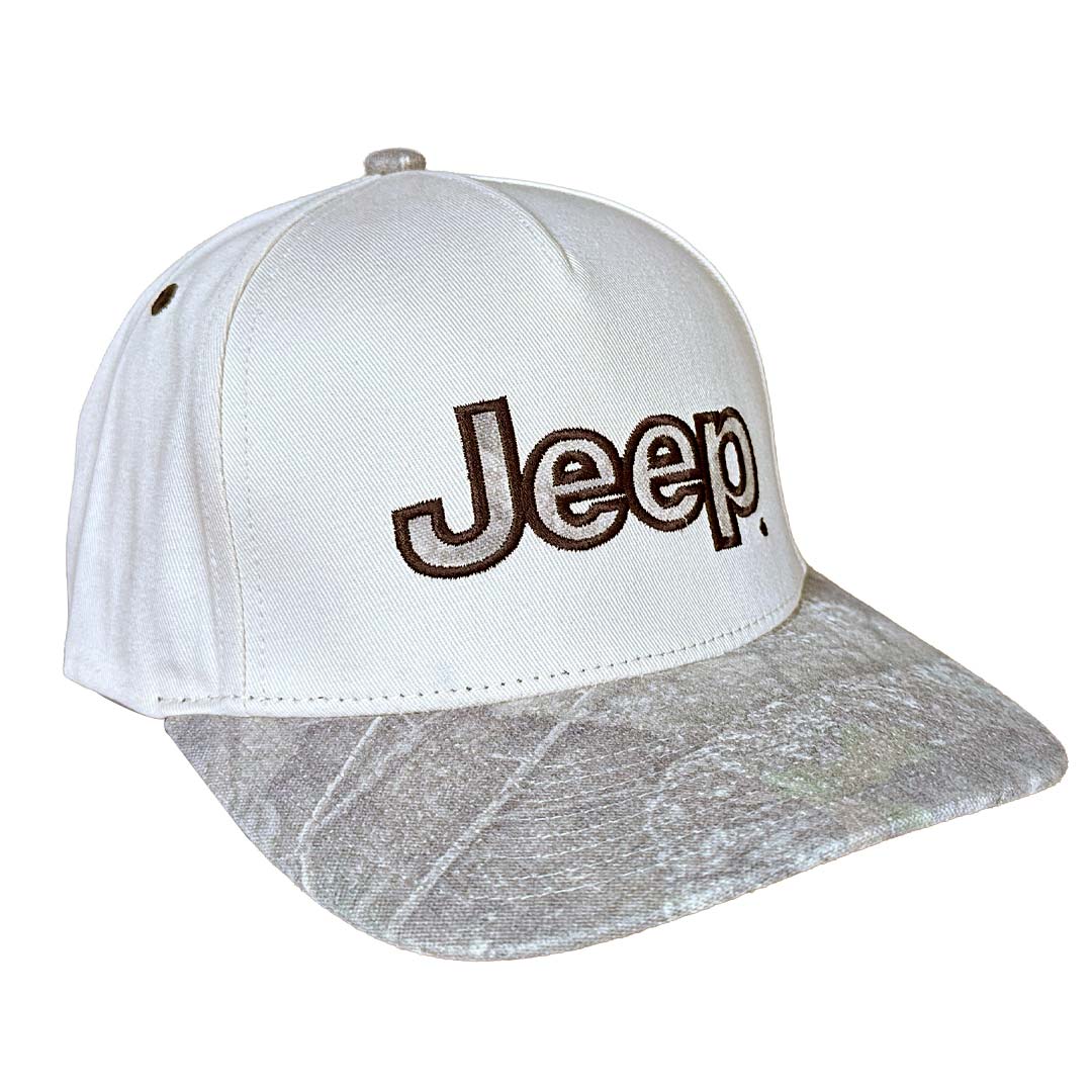 A white snapback cap featuring a brown embroidered 'Jeep' logo on the front panel and a distressed APX Camo brim, shown against a plain white background.