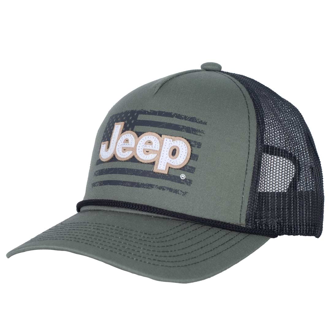 green jeep rope hat with black mesh. screen printed usa flag and white jeep embroidery angle
