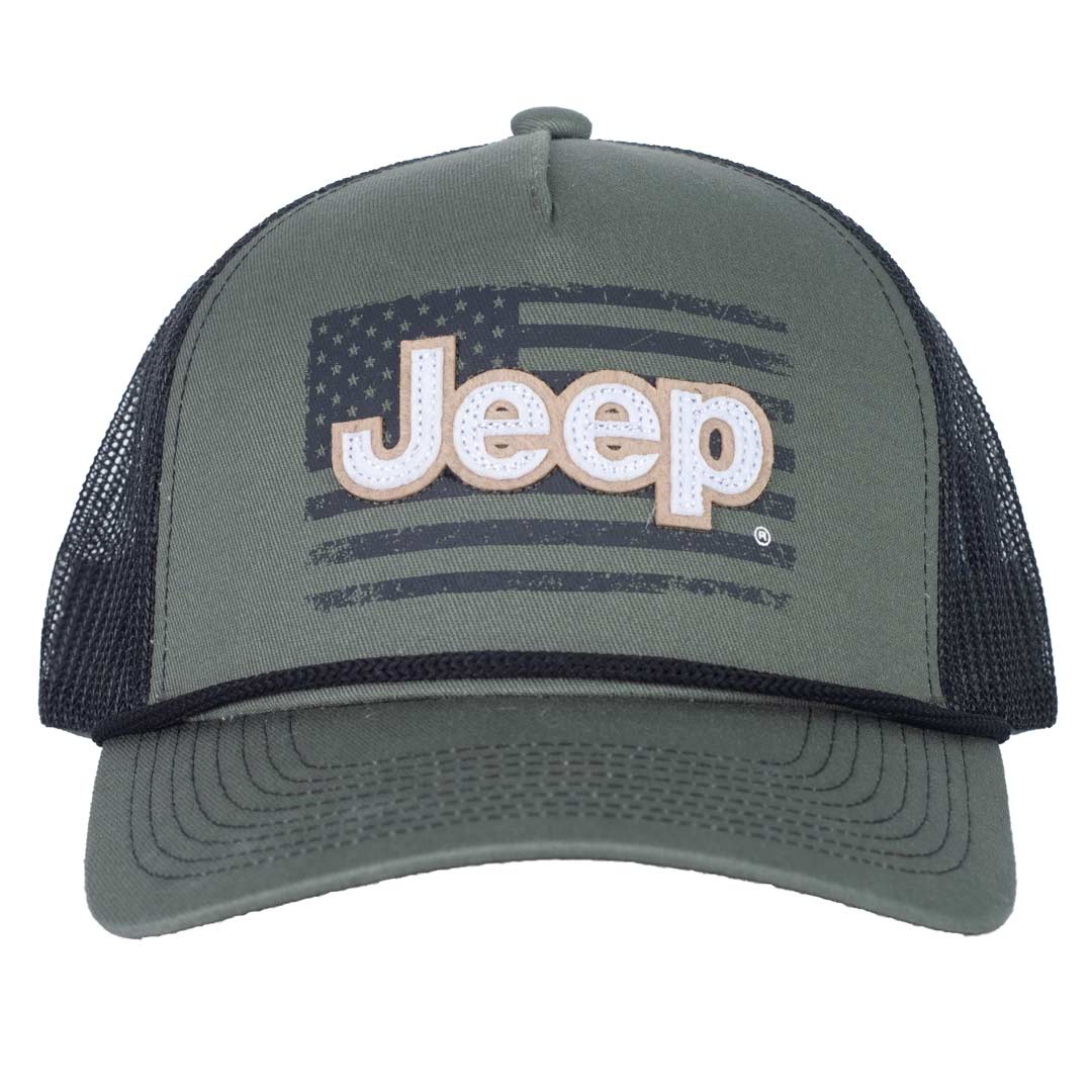 green jeep rope hat with black mesh. screen printed usa flag and white jeep embroidery.