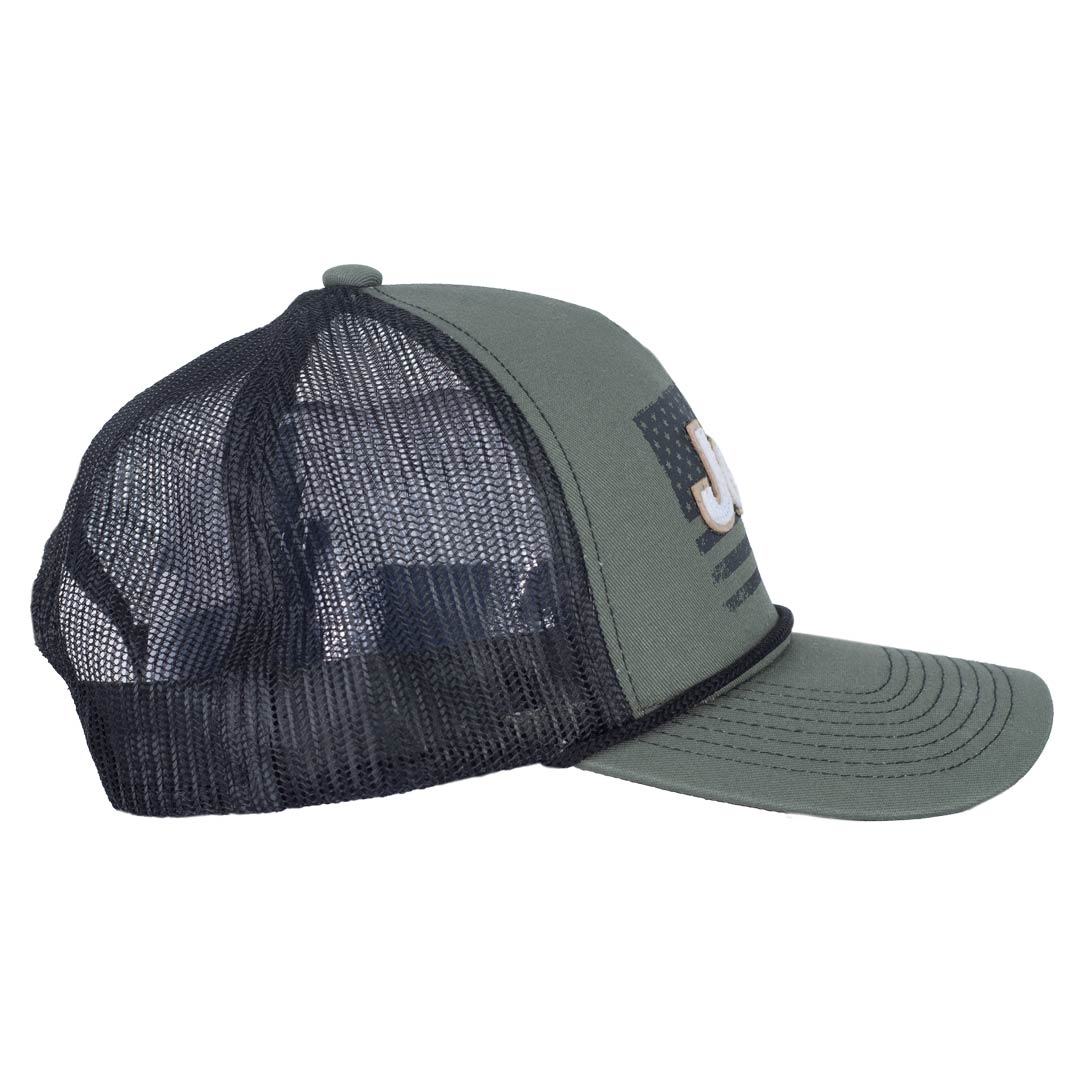 green jeep rope hat with black mesh. screen printed usa flag and white jeep embroidery side