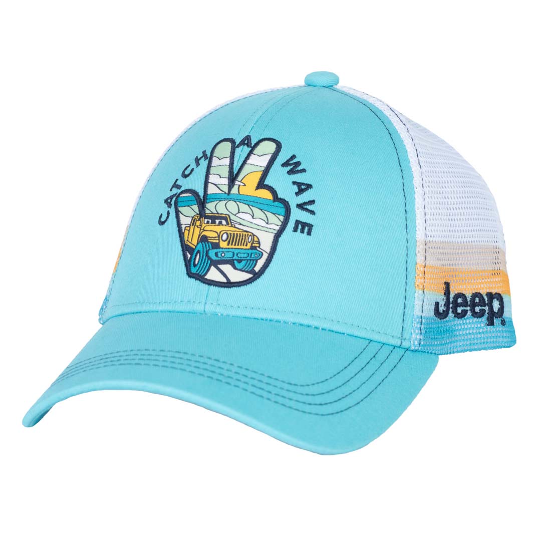 Blue Jeep Catch a Wave trucker hat angle