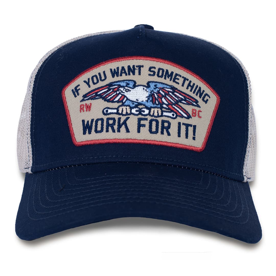 Front of the red, white, and blue collar work for it hat.