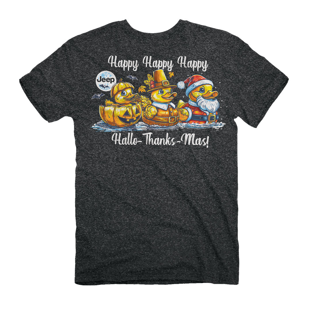 A dark heather gray t-shirt featuring a colorful graphic of three cartoon ducks in Halloween costumes (jack-o'-lantern, gold turkey, Santa) with 'Happy Happy Happy Hallo-Thanks-Mas!' printed in white text.