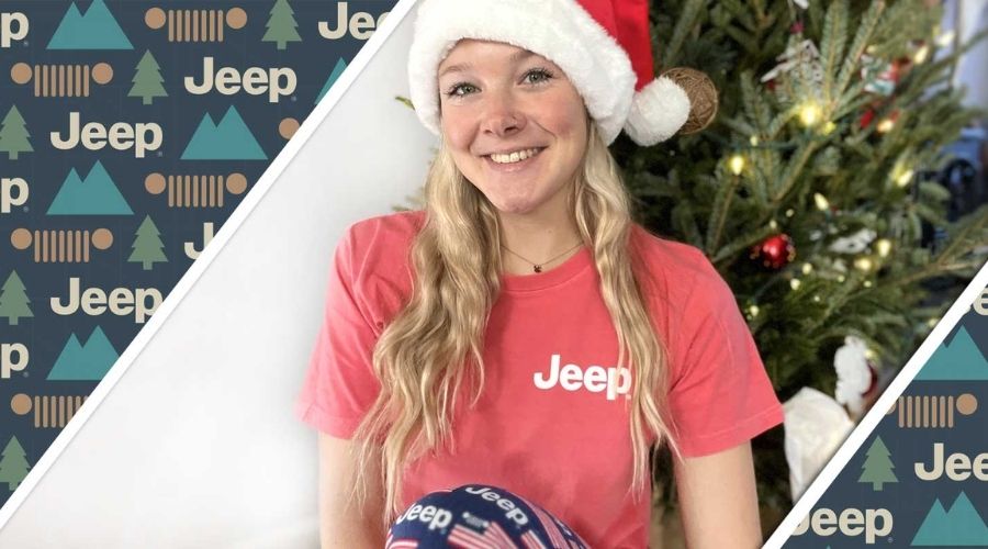 Girl with santa hat and jeep merch gifts