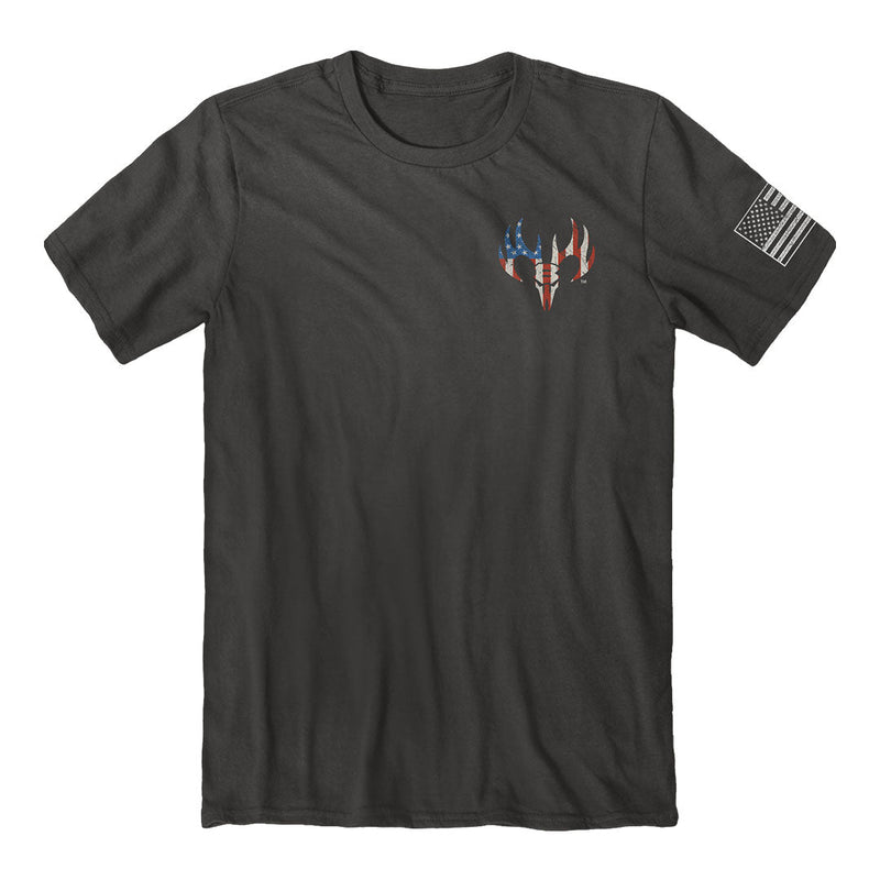 Front of the buck wear proud dogs tee. Patriotic shirt.