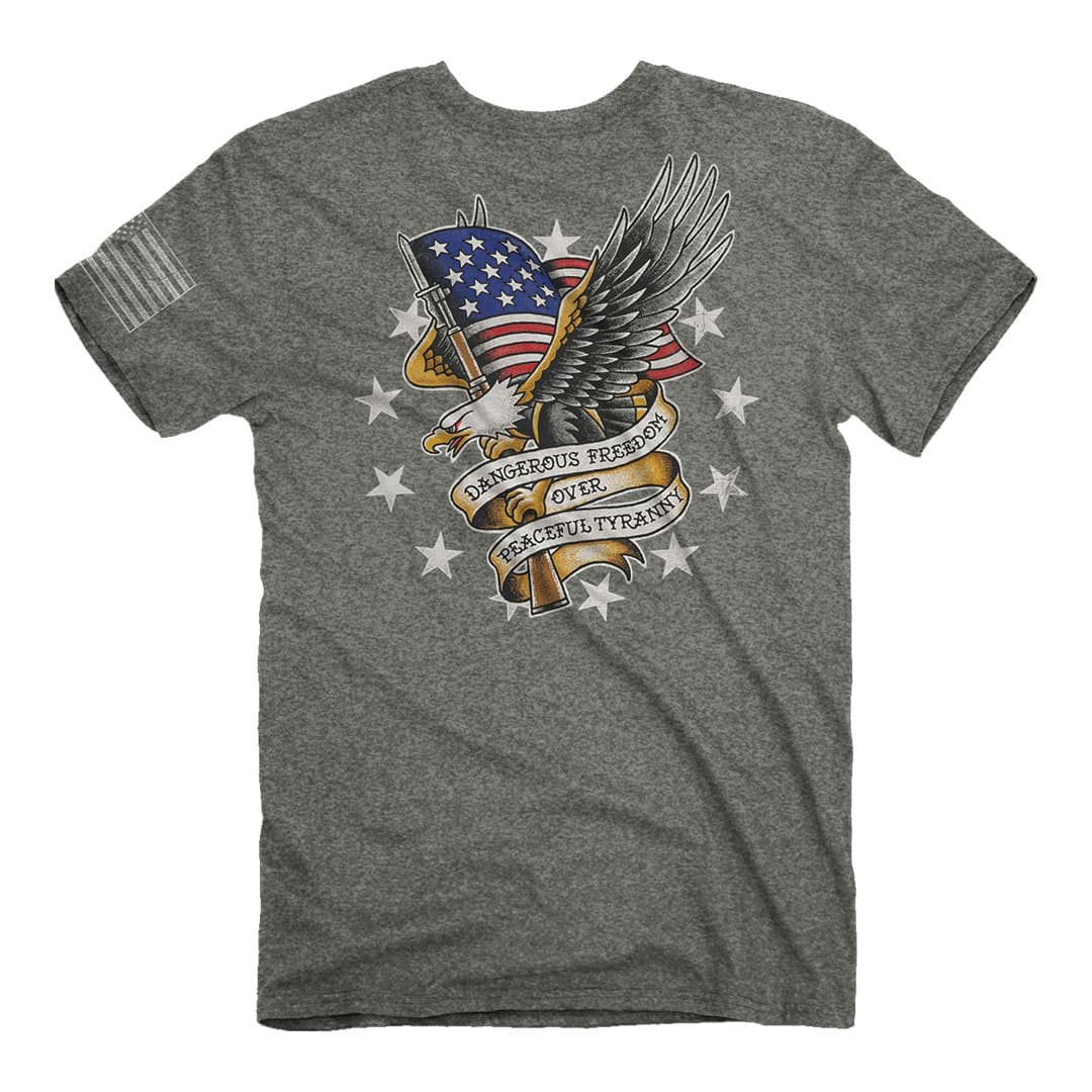 Back of the buck wear dangerous freedom tee. Patriotic tee.