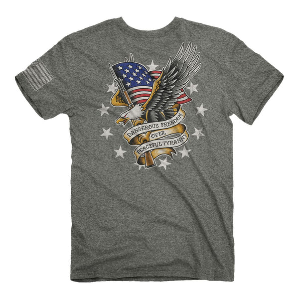 Back of the buck wear dangerous freedom tee. Patriotic tee.