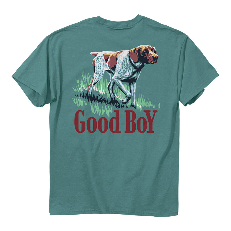 back side of the good boy to the point tee