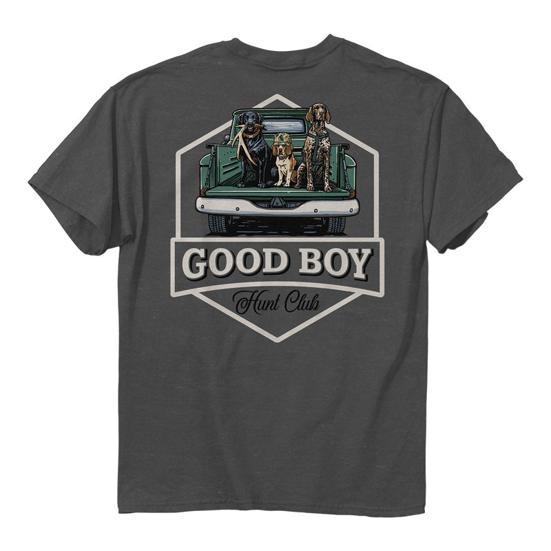 back side print of the good boys hunt club tee