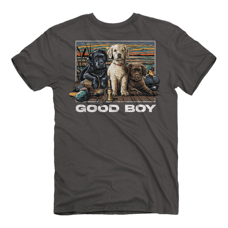 back side of pups and ducks good boy tee