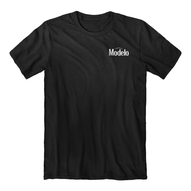 Front of the modelo fighting skull tee iconic logo on upper left chest.