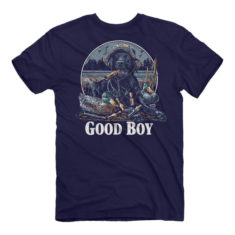 Back of the good boy duck call dog tee