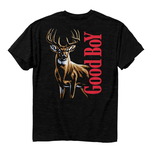 Front of the good boy white tail tee