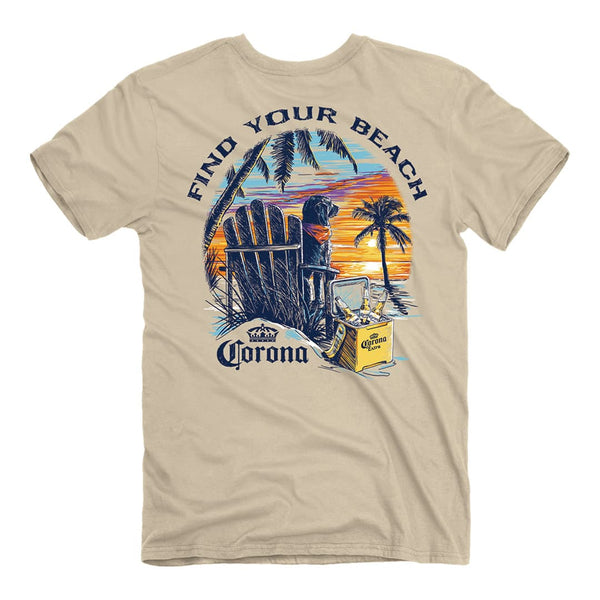 Corona Find Your Beach T-shirt back palm trees and dog