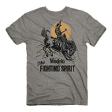 Back of the Modelo Fighting spirit bronco tee featuring a bronco and rider.