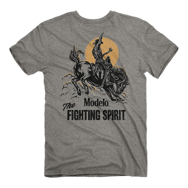 Back of the Modelo Fighting spirit bronco tee featuring a bronco and rider.