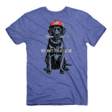 Red, white and blue collar blue t-shirt with dog on the back holding a wrench 