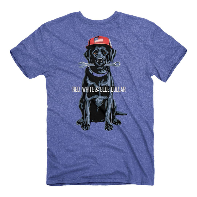 Red, white and blue collar blue t-shirt with dog on the back holding a wrench 