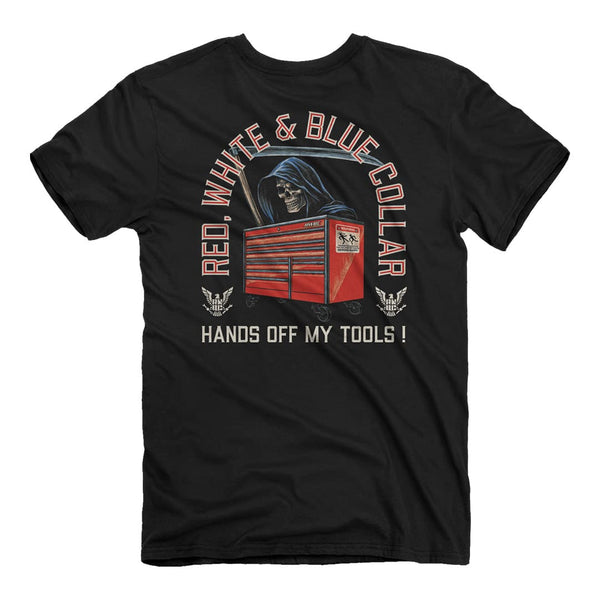 Red white and blue collar hands off my tools t-shirt back