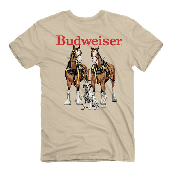 Back of the Budweiser Clydesdale tee featuring a dalmation and two clydesdales.