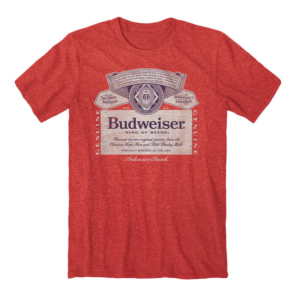 Front of the budweiser label tee featuring budweiser trademark.