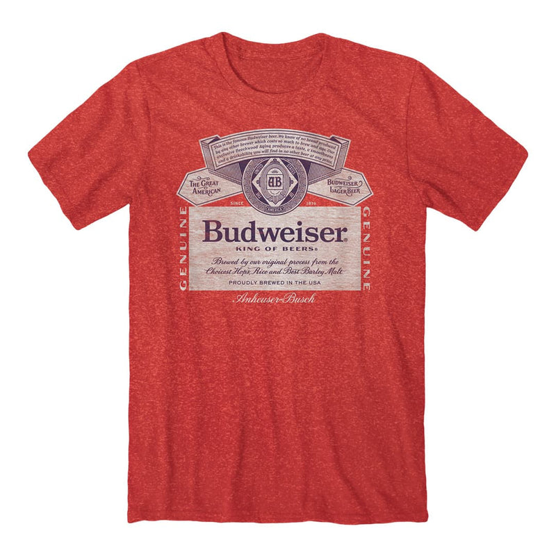 Front of the budweiser label tee featuring budweiser trademark.