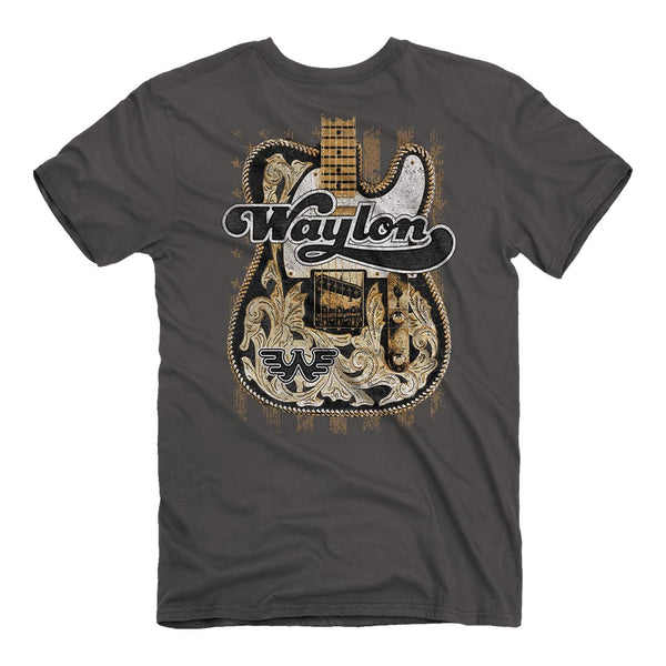 Back of the Waylon Jennings Tee with guitar and trademark.