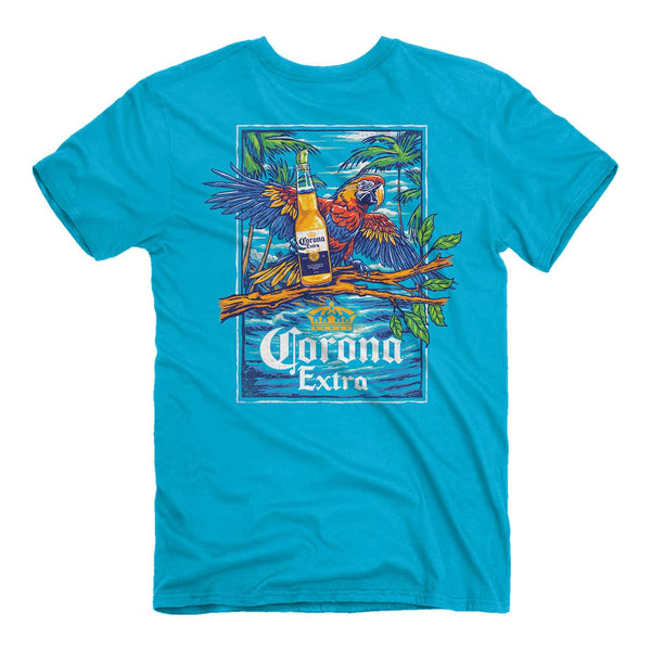 Back of the corona parrot t shirt with tropical art, a bottle of corona, and a parrot.